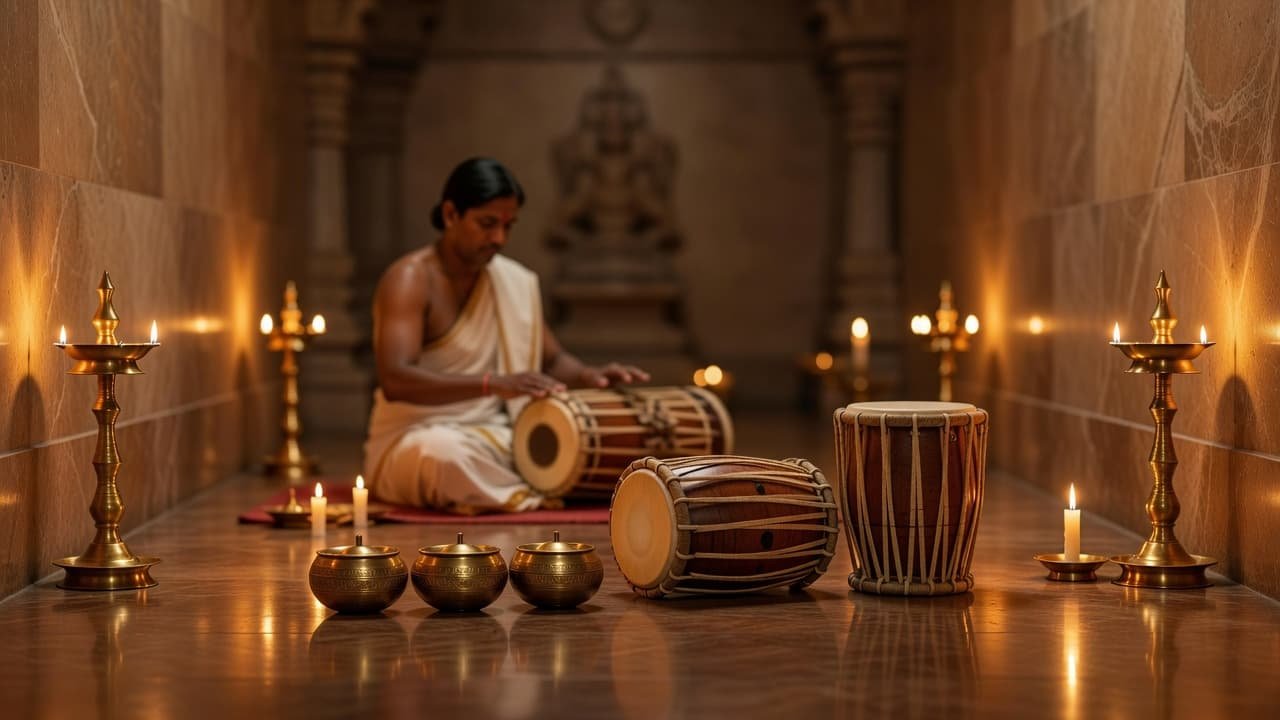 Brass instruments on a wood floor inside a warmly lit temple.