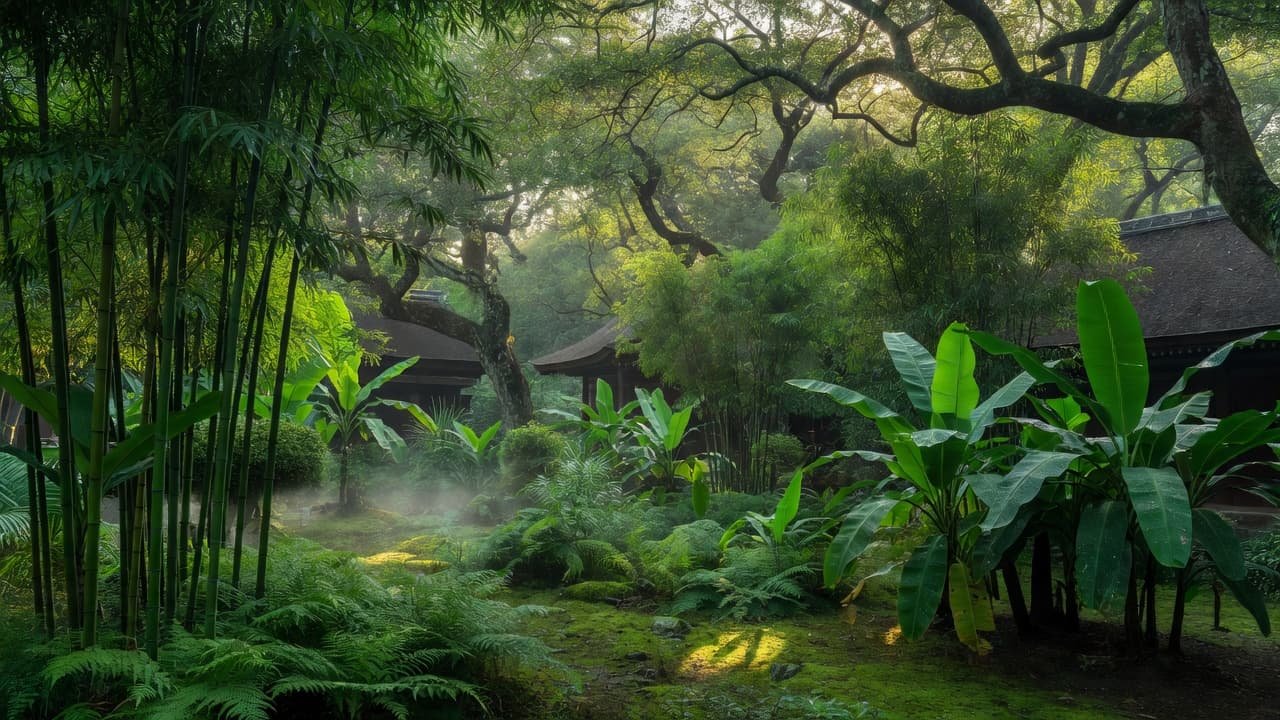 A tranquil temple garden filled with lush green plants and soft morning sunlight.