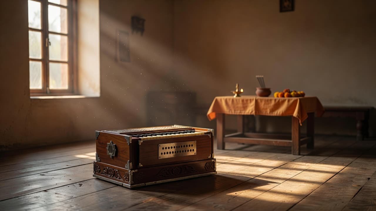 A traditional wooden harmonium sits on a polished floor in a sunlit temple room.